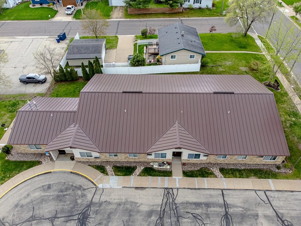 Standing seam metal roof viewed from above