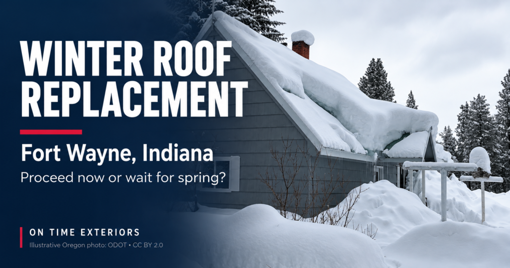 Winter roof replacement in Fort Wayne, Indiana: proceed now or wait for spring? Illustrated with an Oregon winter roof photograph.